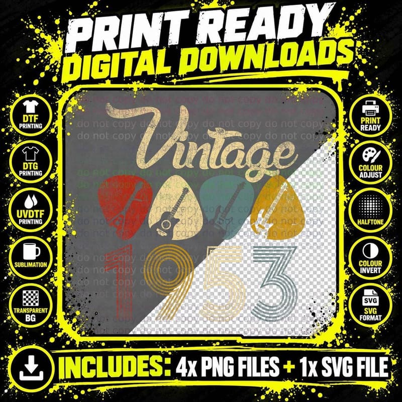 Guitar Pick Gift Guitarist Vintage 1953 70th Old Png SVG Digital Bundle