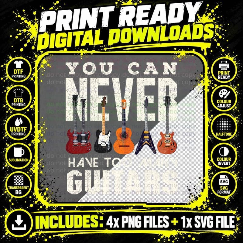 Guitar Player Never to Many Guitars Guitarist T-Shirt Png SVG Digital Bundle
