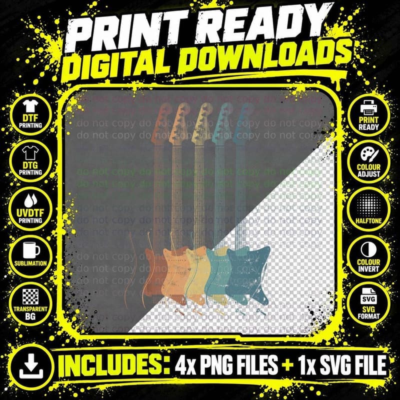 Guitar Rock N Roll Bass Vintage Metal Instrument Png SVG Digital Bundle