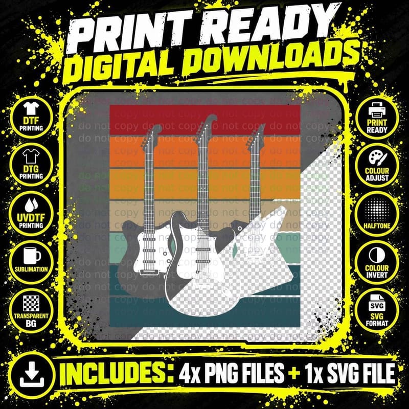 Guitar Vintage Retro Guitars Guitarist Player Musician Png SVG Digital Bundle