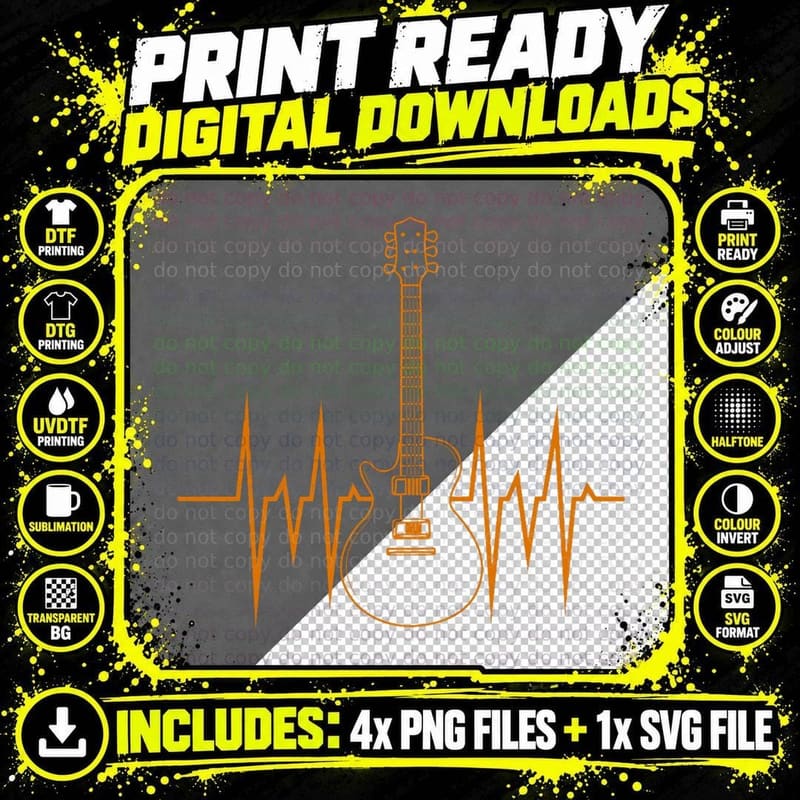 Heartbeat Guitarist Musician Gift Guitar T-Shirt Png SVG Digital Bundle