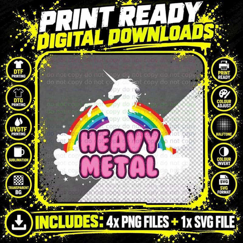 Heavy Metal Parody Funny Unicorn Rainbow T-Shirt Png SVG Digital Bundle