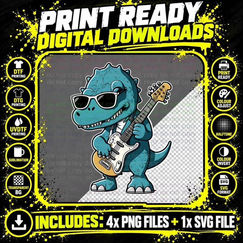 Kawaii Dinosaur with Guitar and Sunglasses T-Shirt Png SVG Digital Bundle