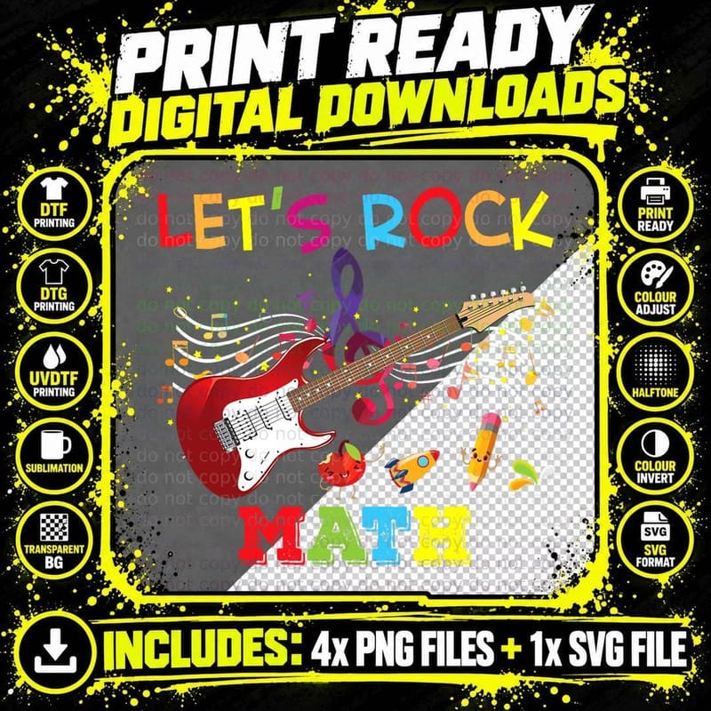 Let's Rock Math Teacher Student Back to School Guitar Png SVG Digital Bundle