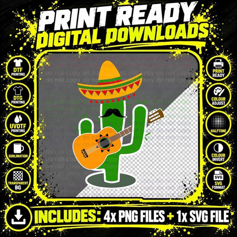 Mariachi Cactus Mexican Guitar Sombrero Mustache Gift Png SVG Digital Bundle