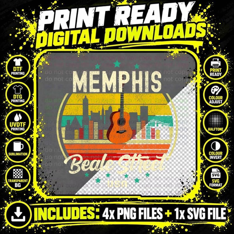 Memphis Beale Street Blues Music Vintage Guitar Music Png SVG Digital Bundle