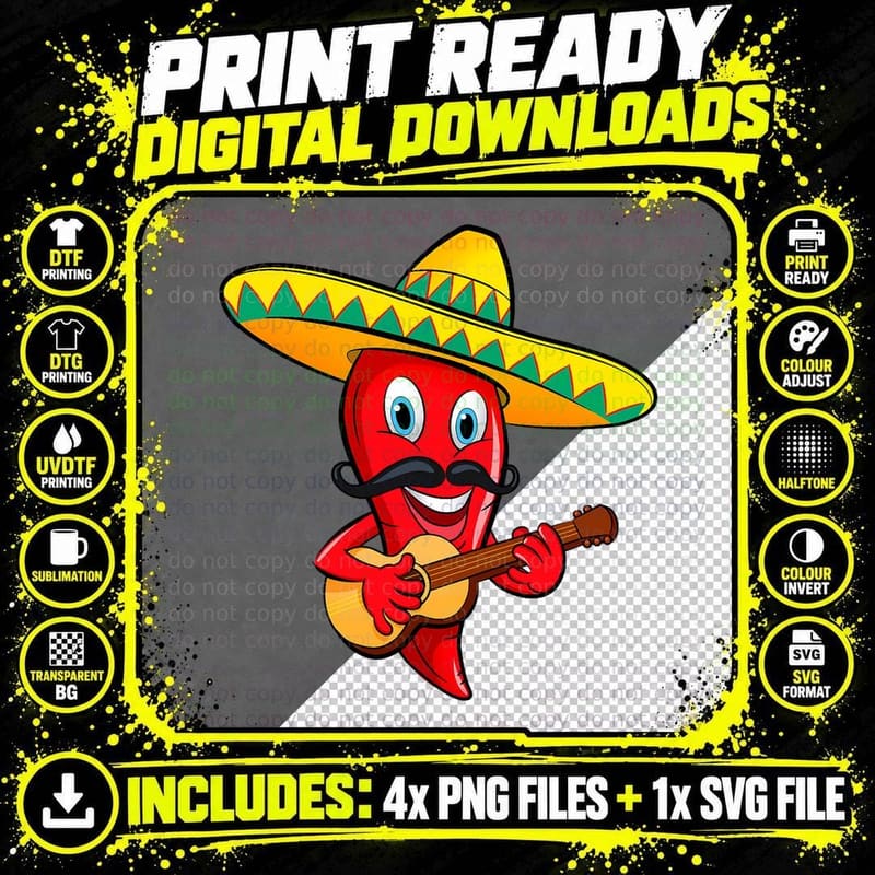 Mexican Chili Mariachi Guitar Musician T-Shirt Png SVG Digital Bundle