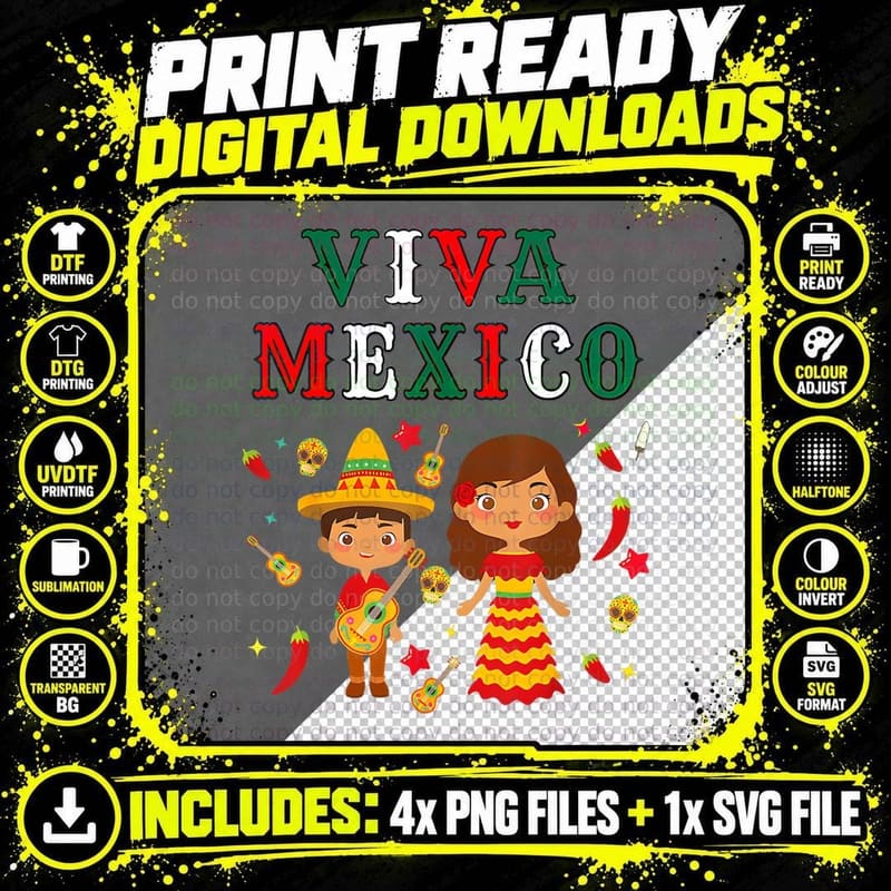 Mexican Independence Viva Mexico Boy Girl Maracas Guitar Png SVG Digital Bundle