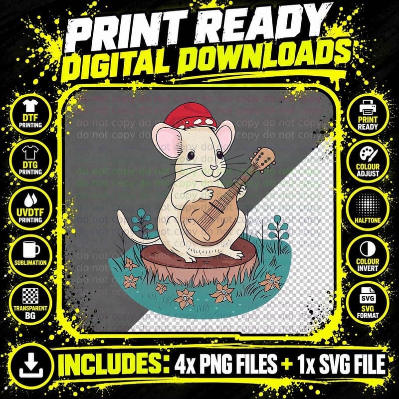Mouse Playing Guitar Cottagecore Aesthetic T-Shirt Png SVG Digital Bundle