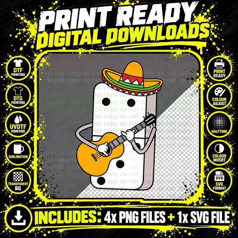 Musician Domino with Sombrero Guitar Mexican Train Png SVG Digital Bundle
