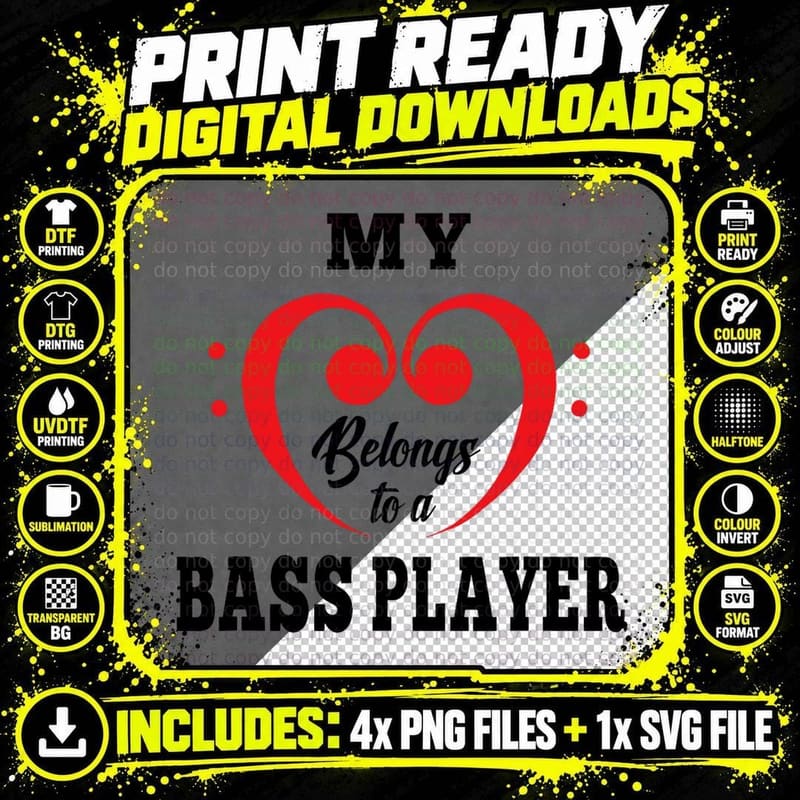 My Heart Belongs to a Bass Player Couple Gift Guitar Png SVG Digital Bundle