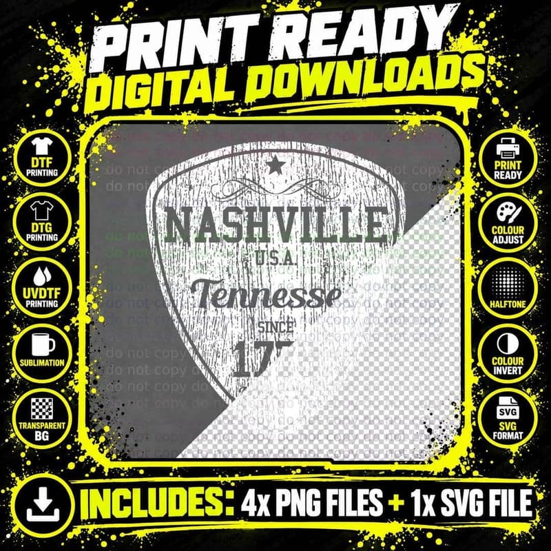 Nashville Country Music City Guitar Pick Gift T-Shirt Png SVG Digital Bundle