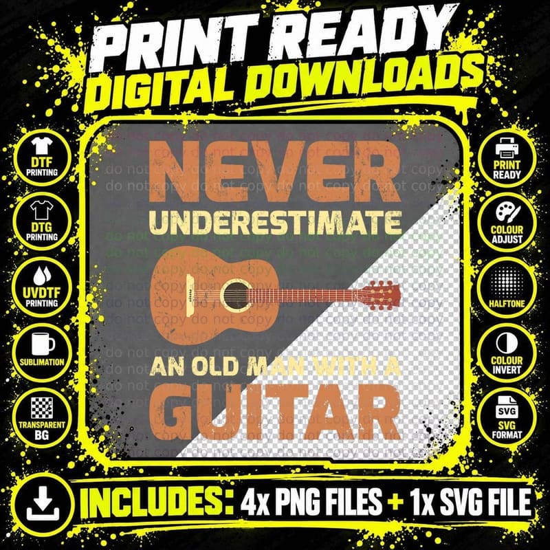 Never Underestimate an Old Man with a Bass Guitar T-Shirt Png SVG Digital Bundle