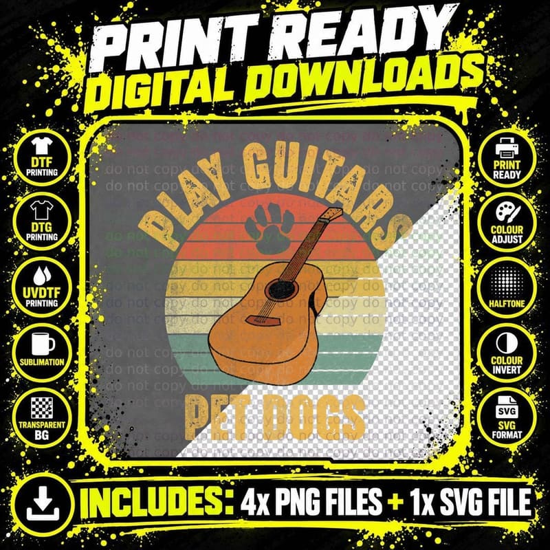 Pet Dogs Play Guitar Funny Dog Lover Guitar Player Png SVG Digital Bundle