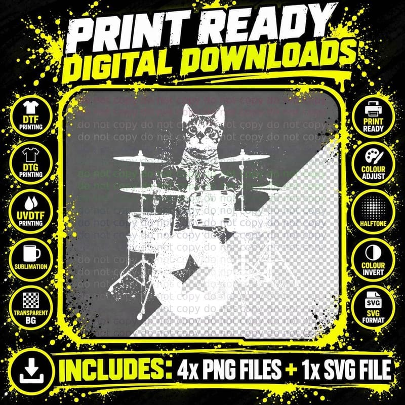 Punk Rockstar Kitten Kitty Cat Drummer Playing Drums Png SVG Digital Bundle