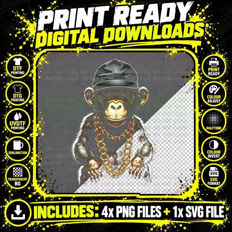 Rapper Gorilla in Chain Cap Hip Hop Culture Ghetto Png SVG Digital Bundle