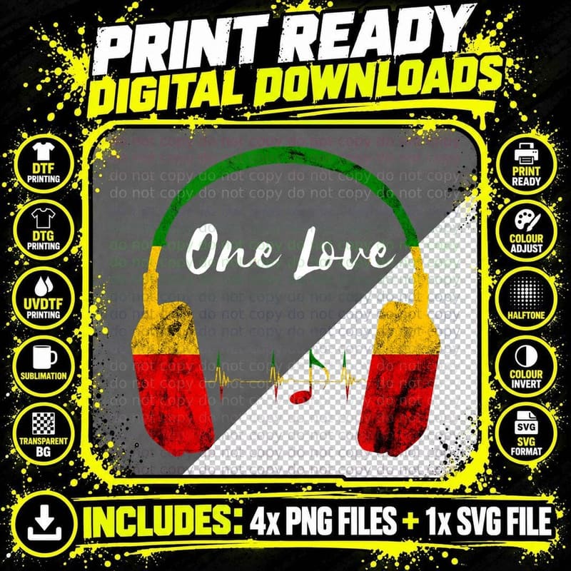 Rasta Reggae Music Headphones Jamaican Pride One Love Png SVG Digital Bundle
