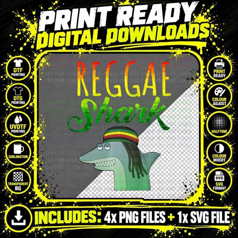Reggae Shark' Funny Ocean Animal T-Shirt Png SVG Digital Bundle