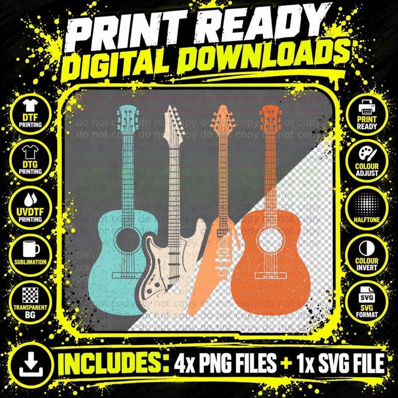 Retro Acoustic Guitar Electric Guitar Guitarist Music Png SVG Digital Bundle
