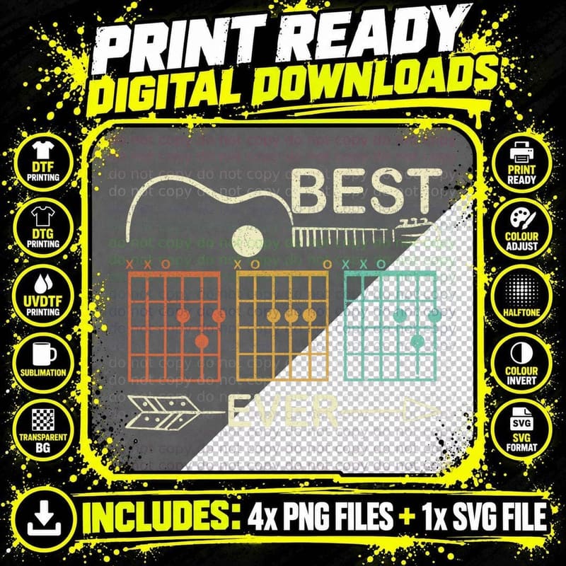 Retro Best Dad Ever D a D Chord Guitar Guitarist Fathers Png SVG Digital Bundle