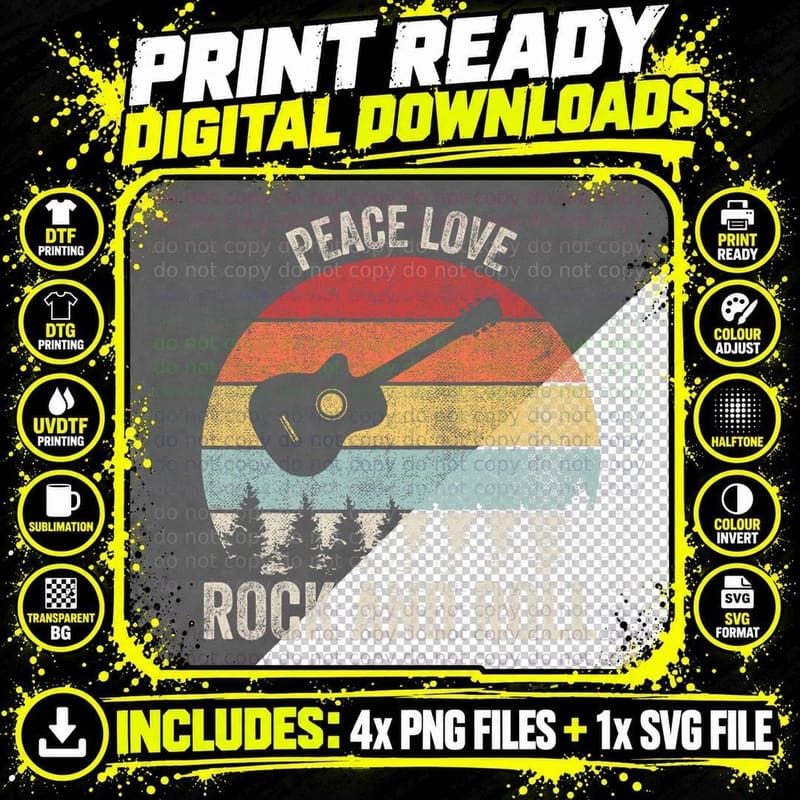 Retro Peace Love Rock and Roll Shirt Music Guitar Png SVG Digital Bundle