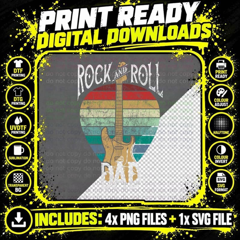Rock N Roll Dad Vintage Guitar Player Gift T-Shirt Png SVG Digital Bundle