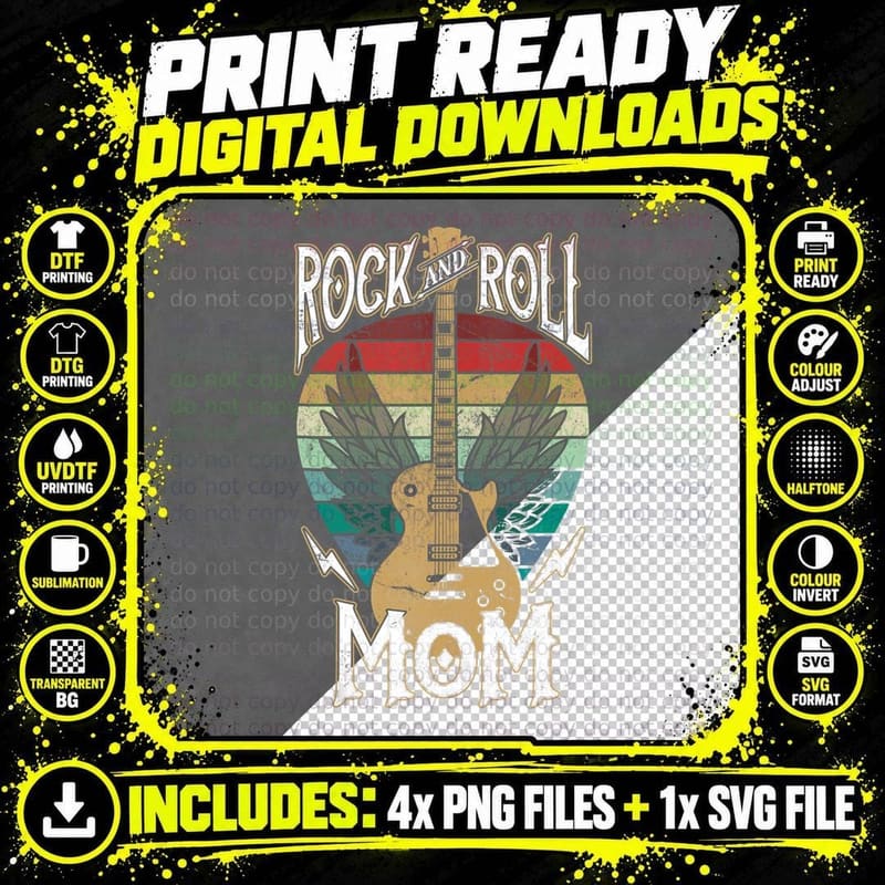 Rock N Roll Mom Vintage Guitar Player Music Lover Png SVG Digital Bundle
