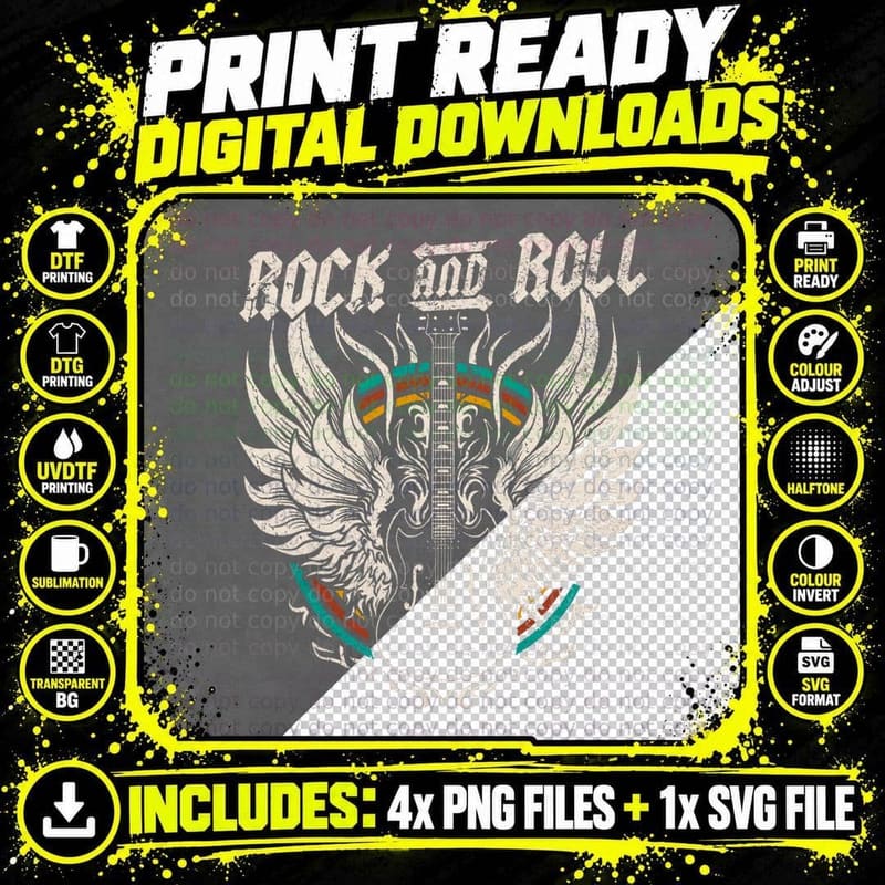 Rock and Roll Guitar Vintage ROCK Music T-Shirt Png SVG Digital Bundle