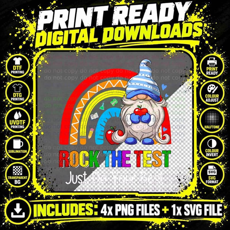 Rock the Test Funny Teacher Testing Day Rainbow Gnomes Png SVG Digital Bundle