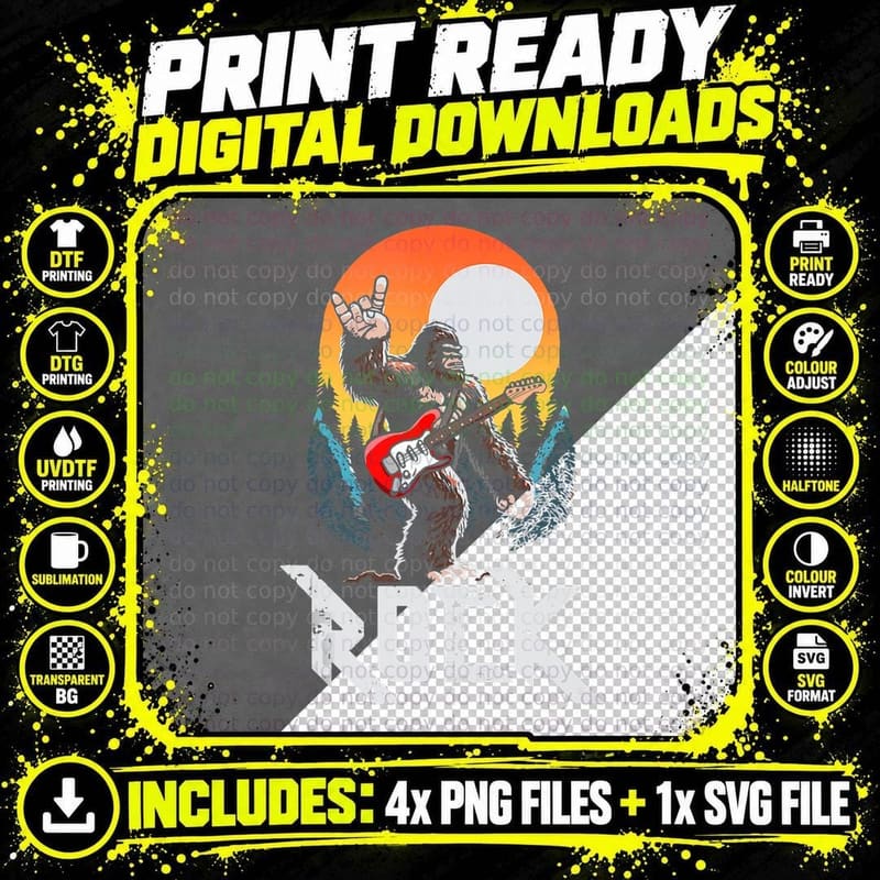 Rock! Sasquatch Rock & Roll Bigfoot Electric Guitar on Png SVG Digital Bundle