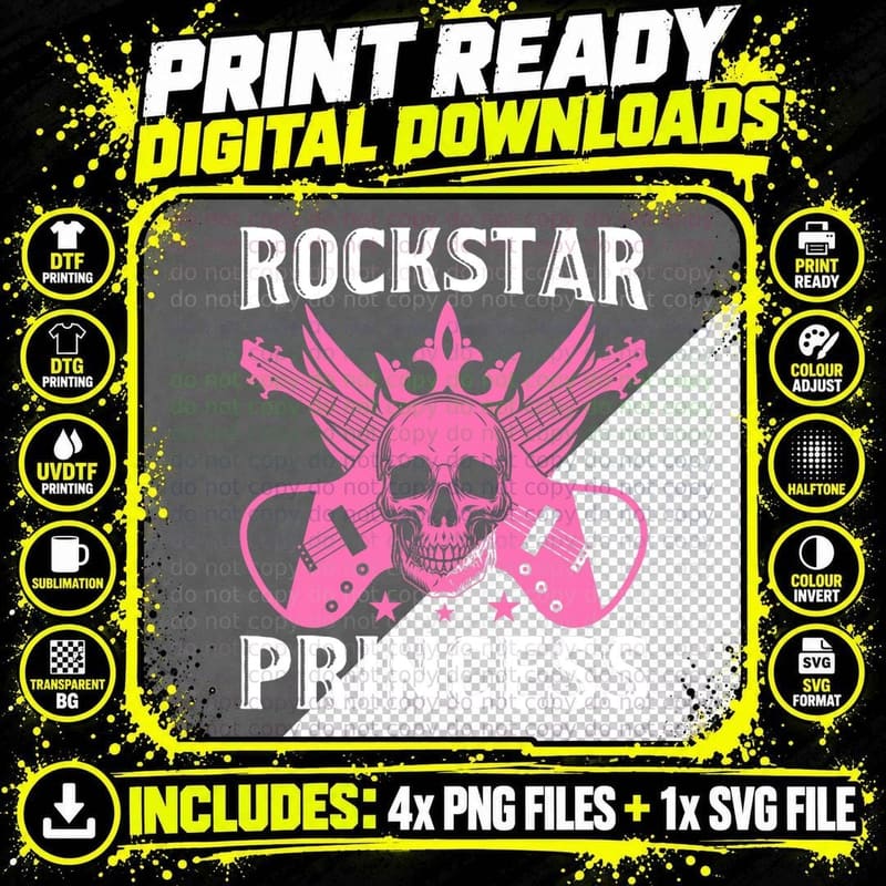 Rockstar Princess Pink Rock Roll Music Rockers T-Shirt Png SVG Digital Bundle