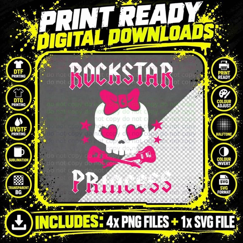 Rockstar Princess Rock Star Skull Punk Guitar Bold Png SVG Digital Bundle