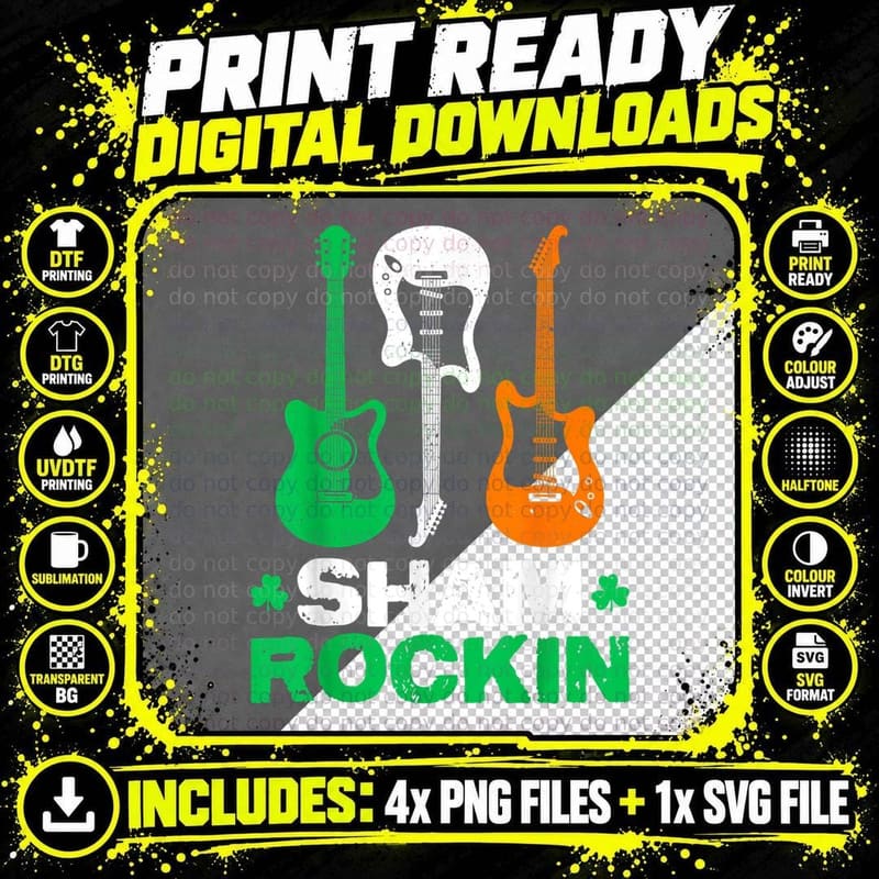 Sham Rockin Guitar Irish Flag St Patricks Day Shamrock Png SVG Digital Bundle