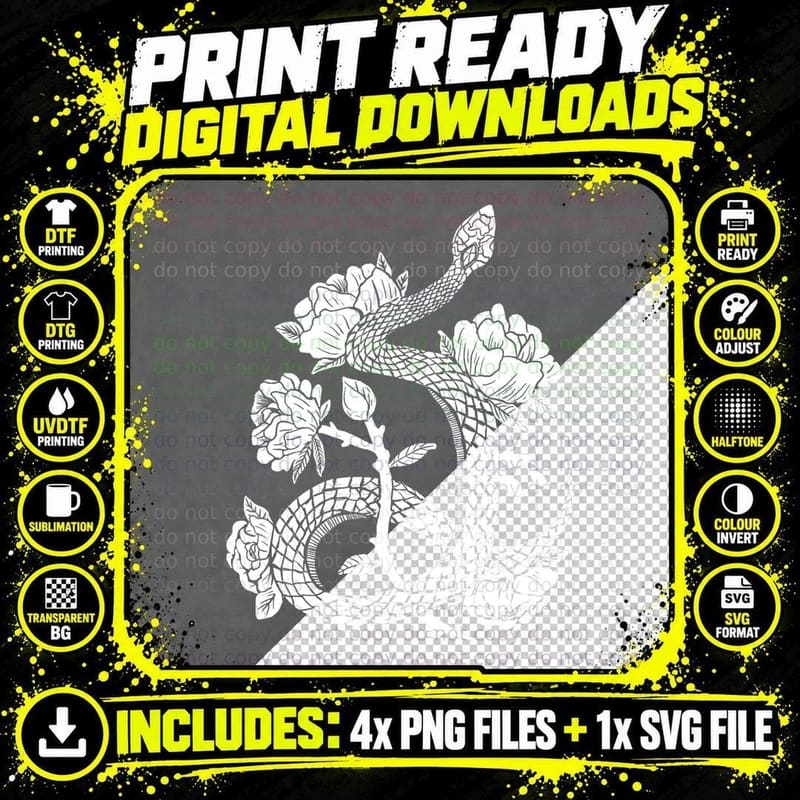 Snake & Flowers Gothic Witchy Punk T-Shirt Png SVG Digital Bundle