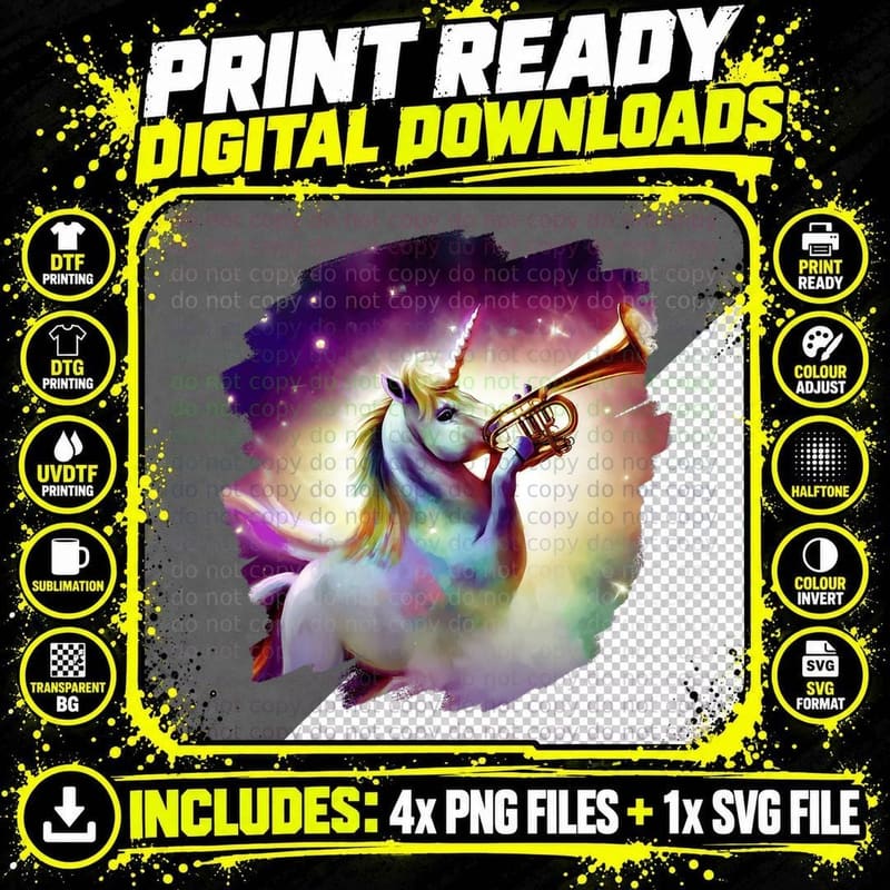 Unicorn Playing Trumpet Funny Band Music Magical T-Shirt Png SVG Digital Bundle