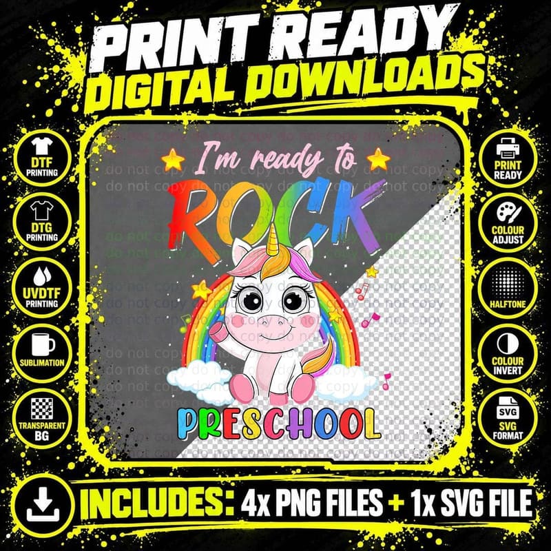 Unicorn Rainbow Back to School I'm Ready to Rock Png SVG Digital Bundle