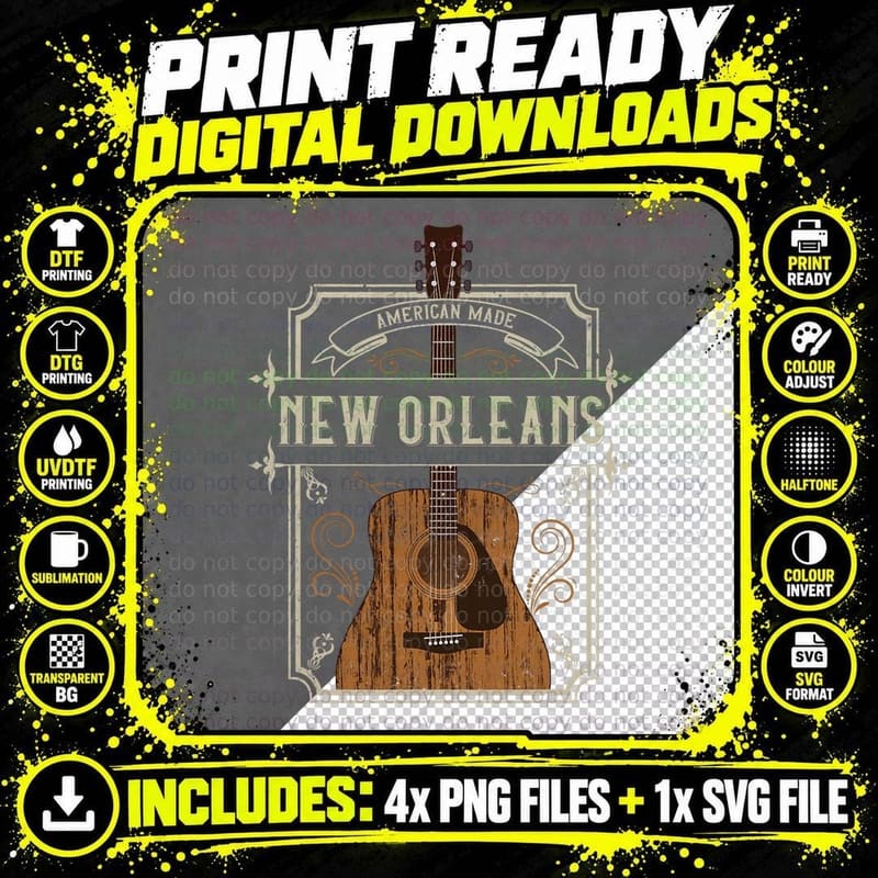 Vintage New Orleans Country Music Guitar Player Png SVG Digital Bundle