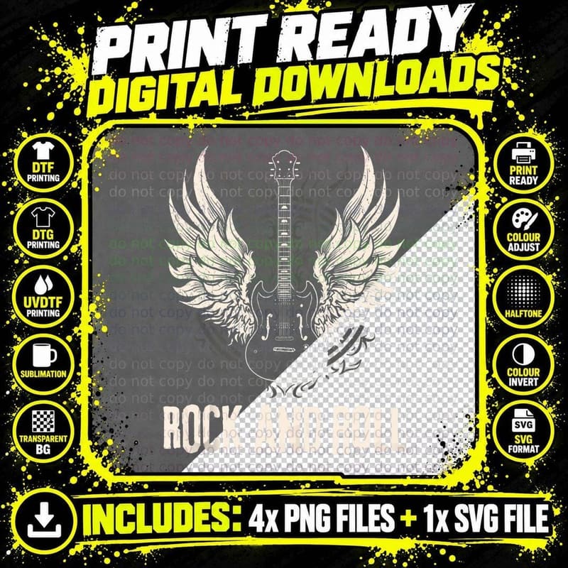 Vintage Retro 80s Rock & Roll Music Guitar Wings Png SVG Digital Bundle