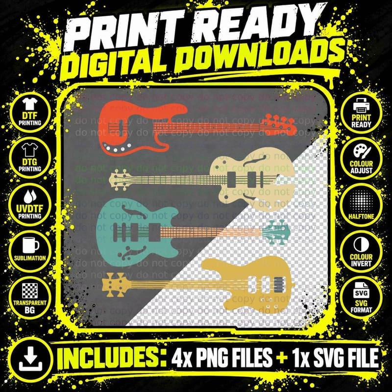 Vintage Retro Bass Guitar Bassist Player T-Shirt Png SVG Digital Bundle