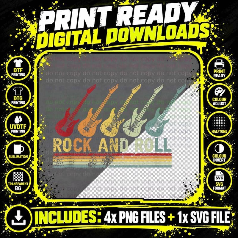 Vintage Retro Rock and Roll Guitar Music T-Shirt Png SVG Digital Bundle