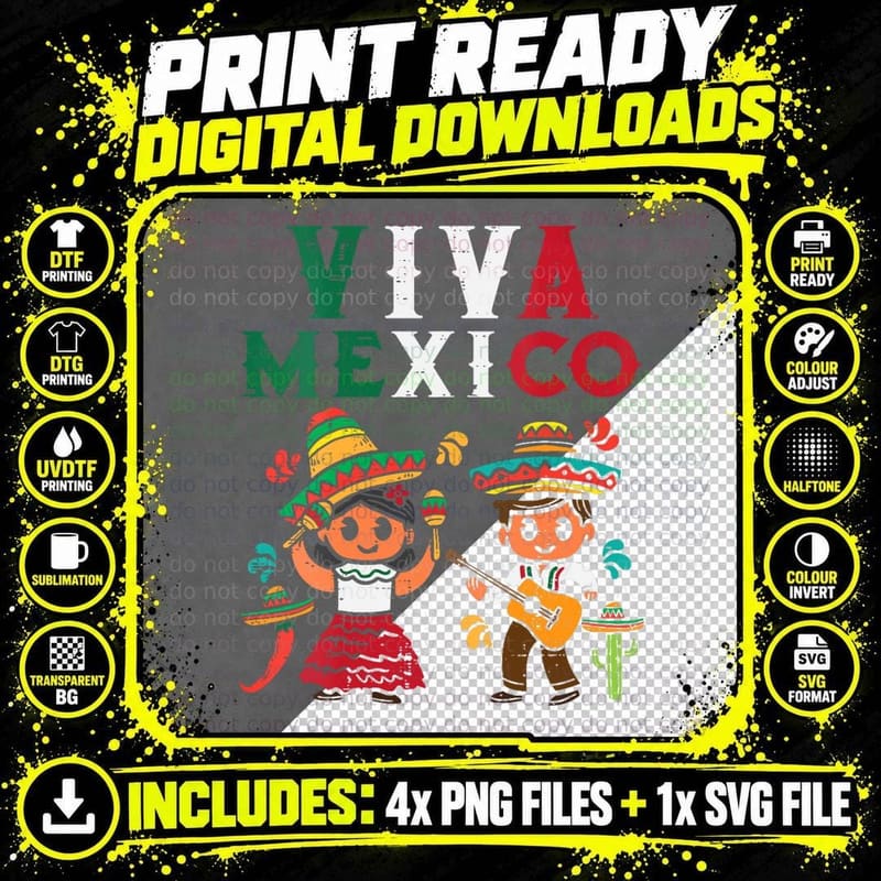 Viva Mexico Boy Girl Maracas Guitar Mexican Independence Png SVG Digital Bundle