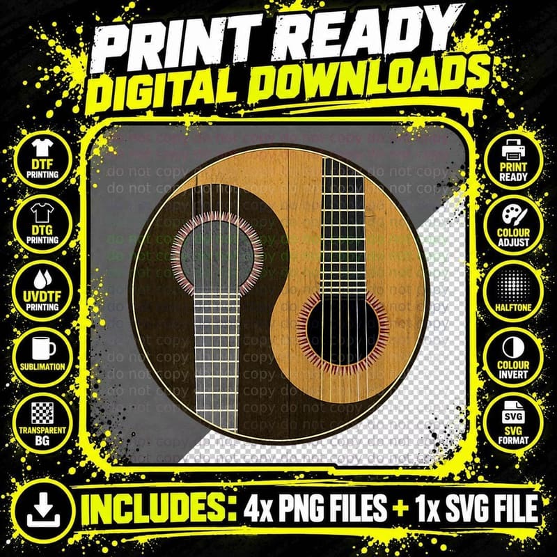 Yin Yang Guitar Player Cool Musician Music Lover Png SVG Digital Bundle