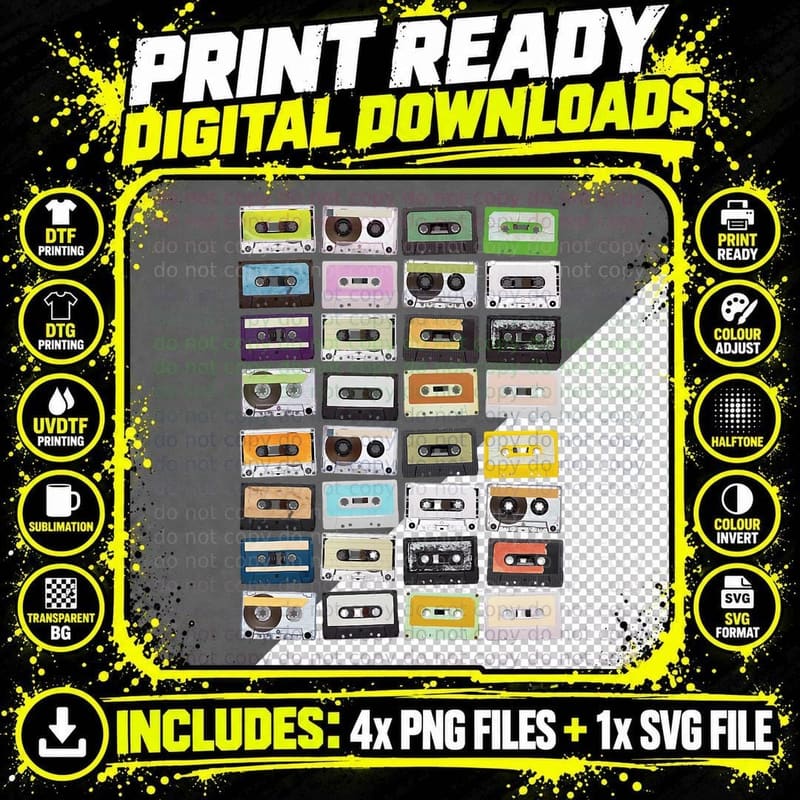 Cassette Tapes Mixtapes 1980s Radio Music Graphic Print Png SVG Digital Bundle