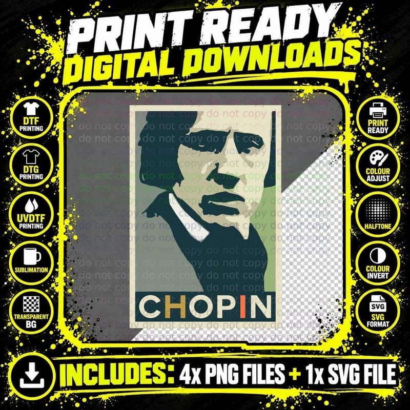 Chopin Composer Stencil Portrait, Classical Music Obama Png SVG Digital Bundle