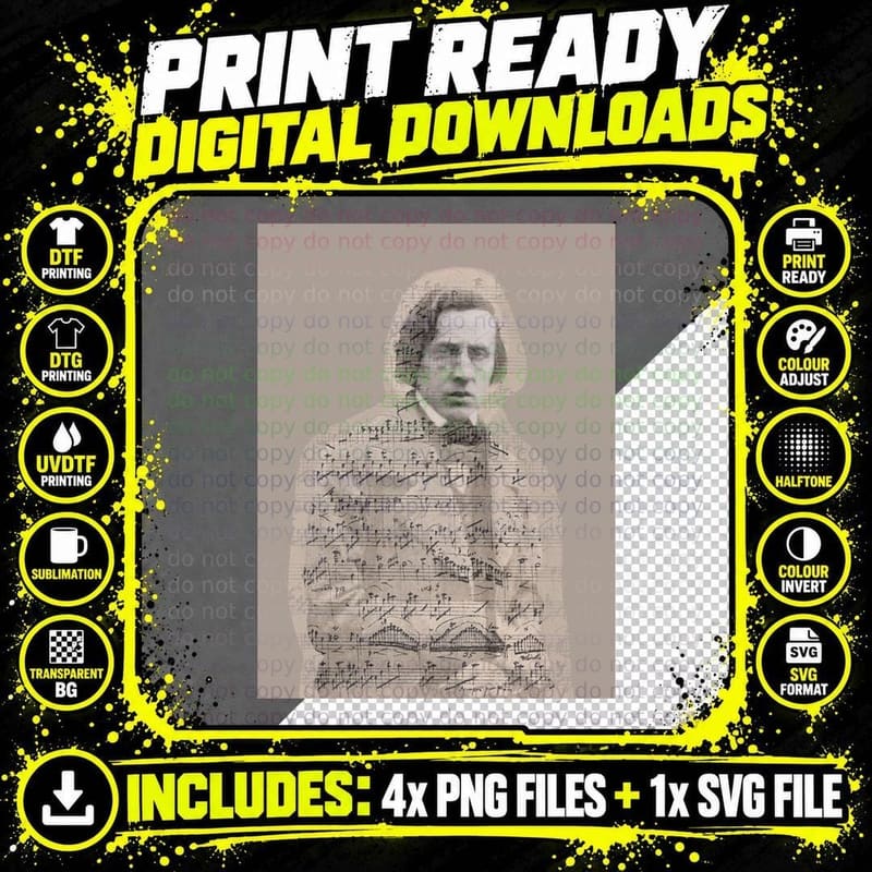 Chopin Sheet Music Double Exposure T-Shirt Png SVG Digital Bundle