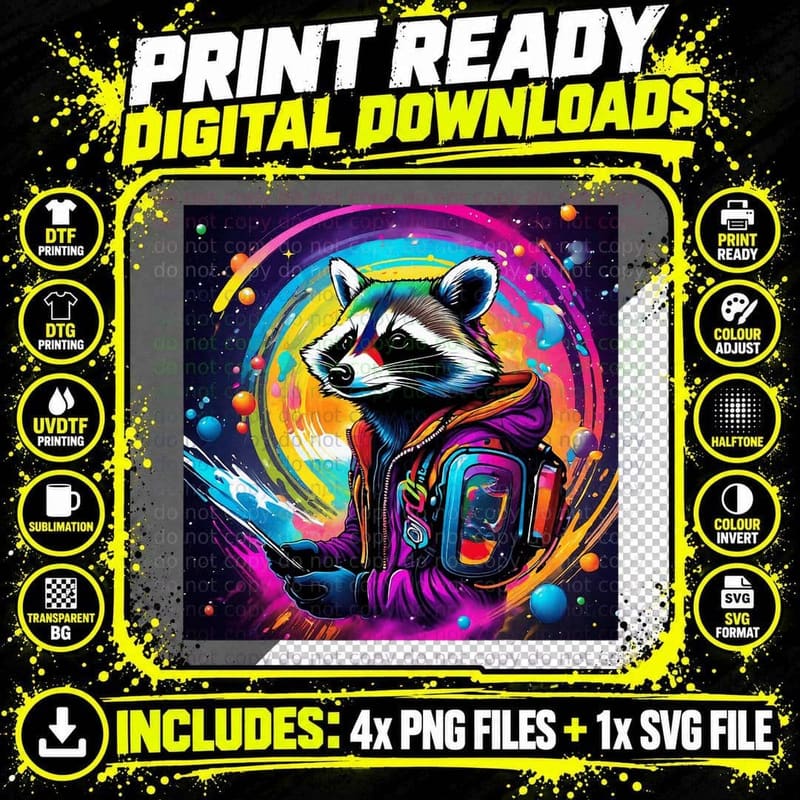 Colorful Psychedelic Raccoon EDM Music Surreal Graffiti Png SVG Digital Bundle