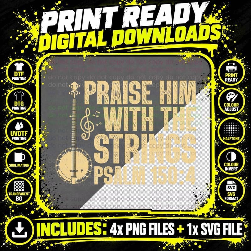 Cool Banjo Bluegrass Music Art for Men Women Worship Png SVG Digital Bundle
