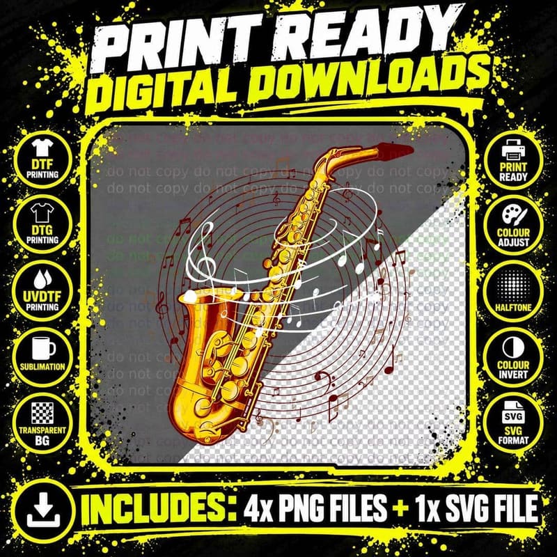 Cool Saxophone for Men Women Jazz Music Notes Musician Png SVG Digital Bundle