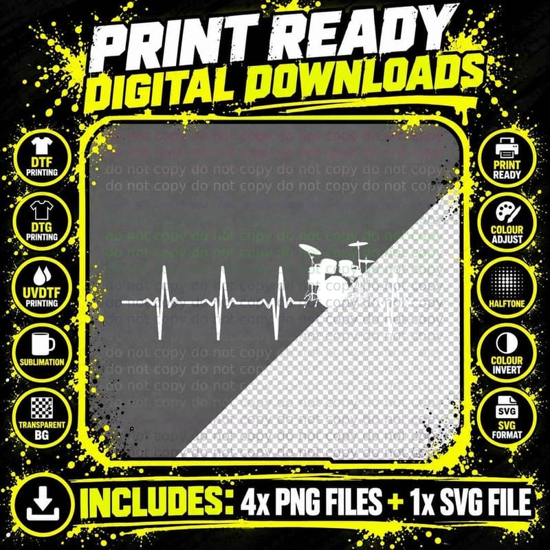 Drums Heartbeat T-Shirt for Drummers & Percussionists Png SVG Digital Bundle
