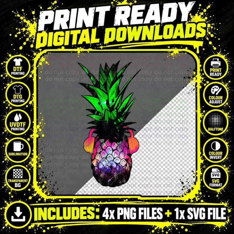 EDM Pineapple with Headphones T-Shirt, Festival Vibes Png SVG Digital Bundle